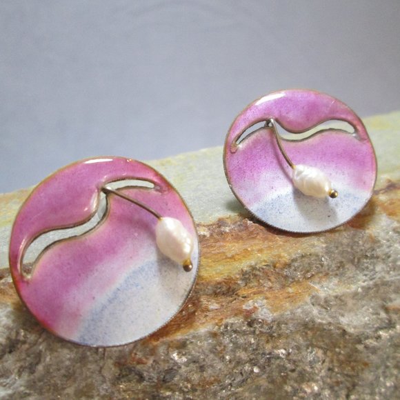 WhyteWing Jewelry - Sunrise Enamel & Genuine Pearl Earrings, Pierced